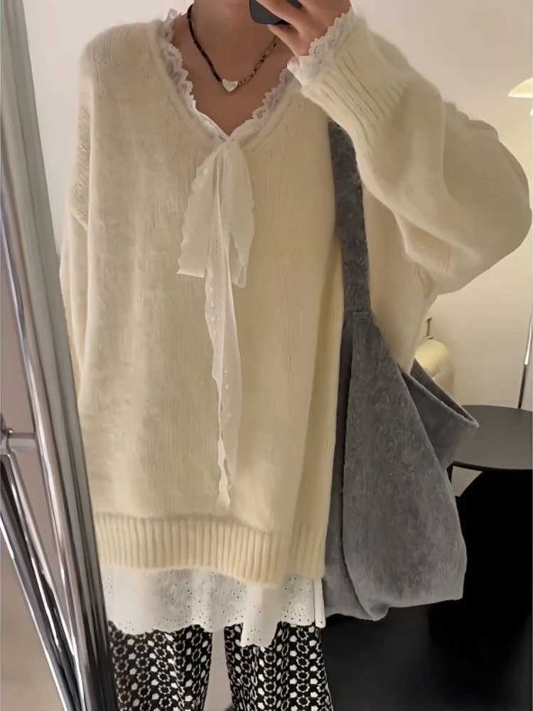 Y2K Korean Thin Bow Knitted Pullover Female Sweet Lace Japanese Loose Sweater Office Lady Autumn Winter Oversized Y2k Outfits M250904