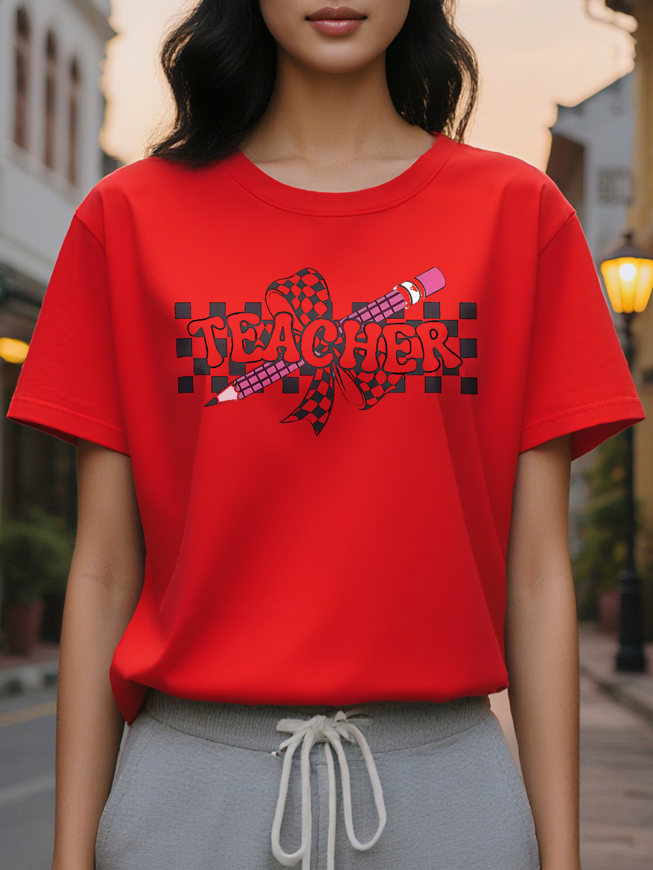 Women's Elegant Teacher Graphic Short Sleeve T-Shirt Soft Stretch Round Neck Casual Top Check Pencil Design Breathable