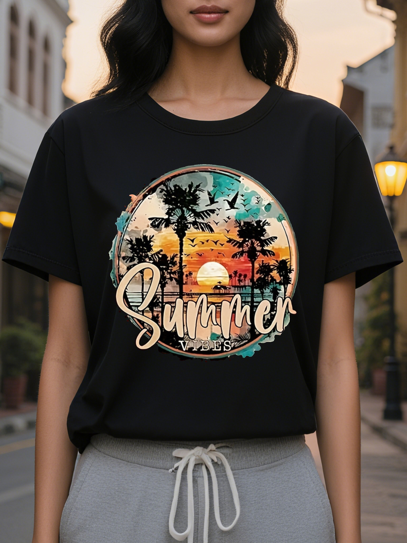 Large XL Women's Casual Sleeveless Round Neck Top with Tropical Summer Letter Print Peach Black Striped Design Plus Size