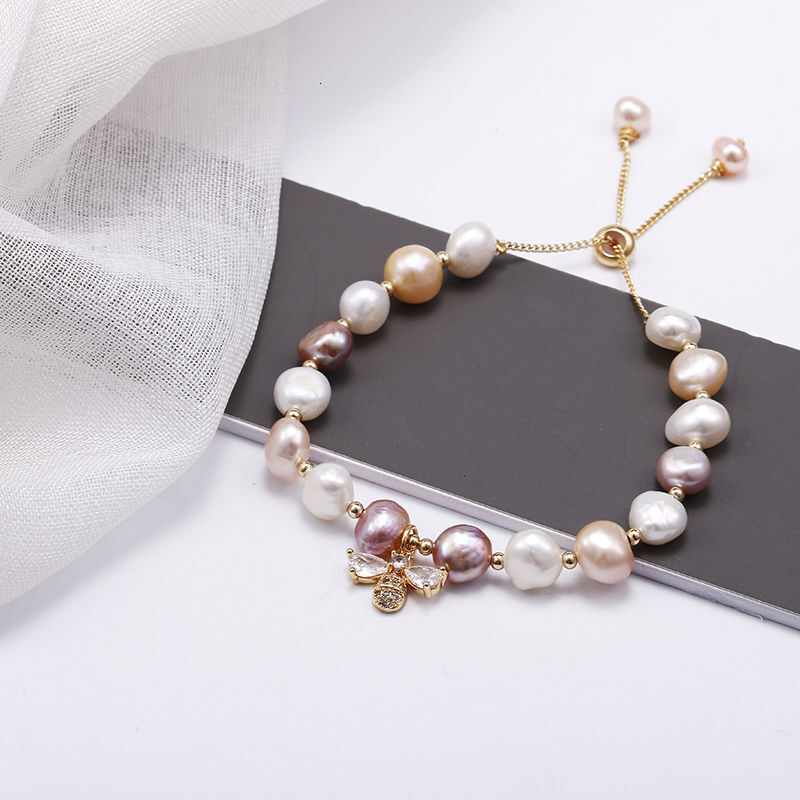 Baroque Irregular Freshwater Pearl Micro Pave Zircon Small Bee INS Simple Korean Style Fashion Bracelet