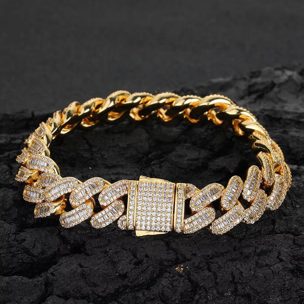 NUOYA Iced Out Moissanite Diamonds Cuban Chain Bracelet 15MM Width Bling Baguette Design Spring Clasp Cuban Link Chain for Women