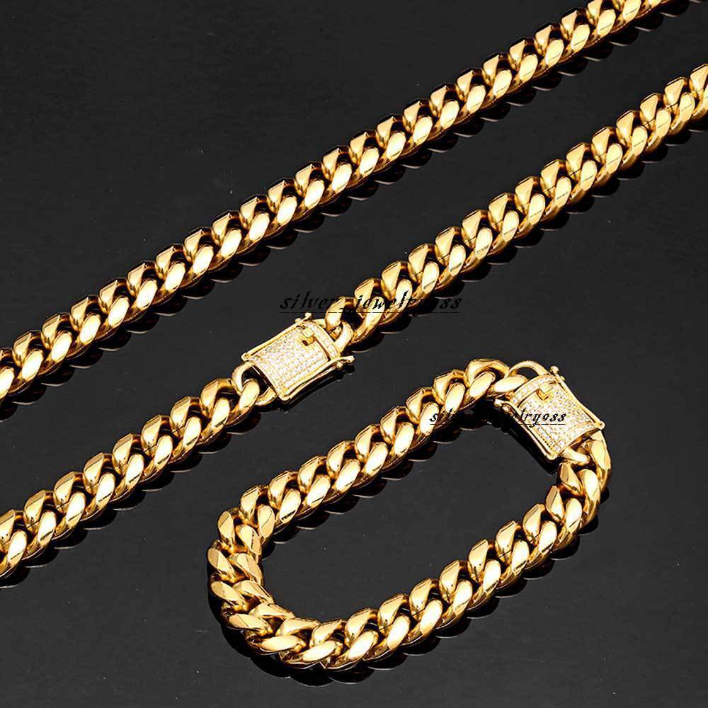 Hot Selling 12mm DiamondEncrusted Buckle Stainless Steel Necklace Bracelet with GoldPlated Cuban Link Chain Ground Encryption