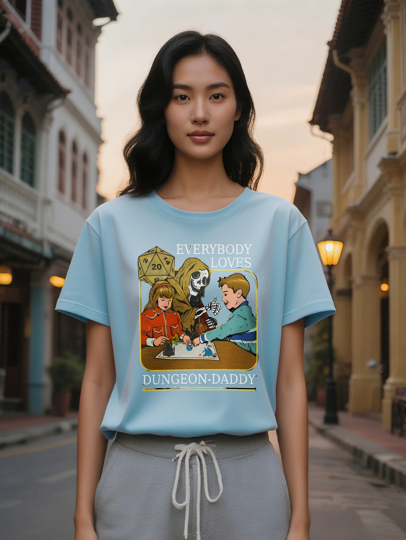 Large XL Women's Casual Graphic T-Shirt Dungeons Dragons Theme with Everybody Loves Dad Print Black Round Neck Summer Tee Plus Size