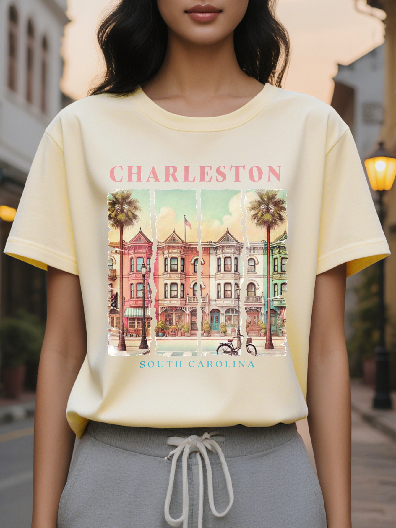 Women's Charleston T-shirt Soft Pink Green Historical Building Pattern Short Sleeve Jacket Southern Charm Casual Round