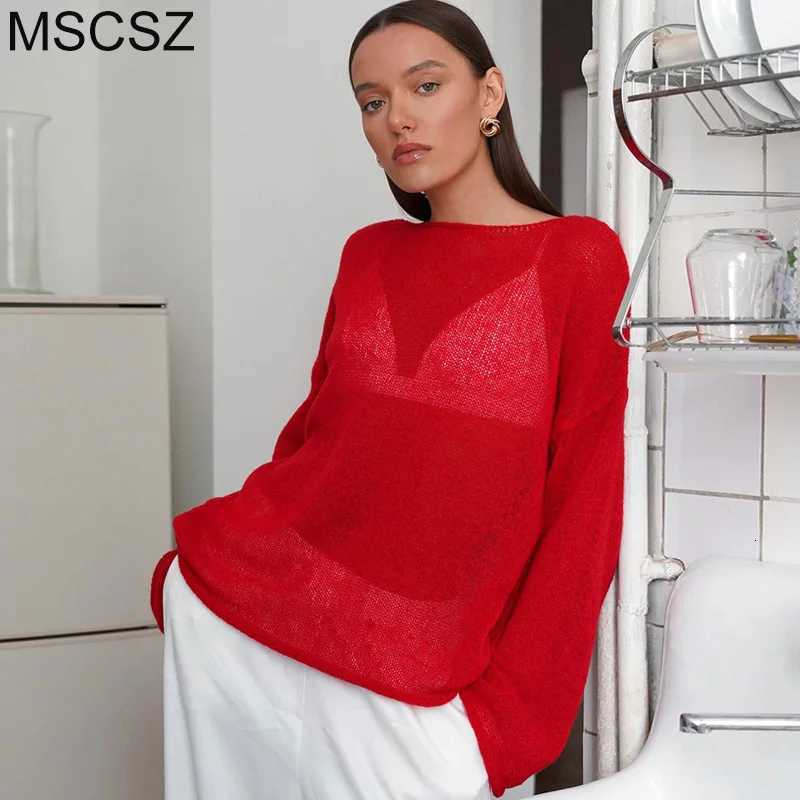 MSCSZ Red Long Sleeve Oversized Sweater Women Transparent Knitted Sweater 2025 Spring Fall Cozy Sweaters Pullover Tops M250904