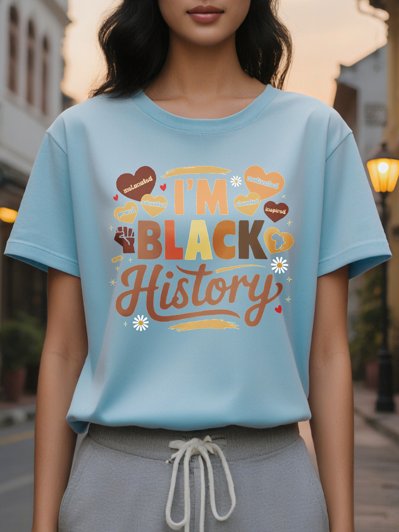 Women's Historic T-Shirt Short Sleeve Crew Neck Casual Top with I'm Black History Design Vibrant Illustrations
