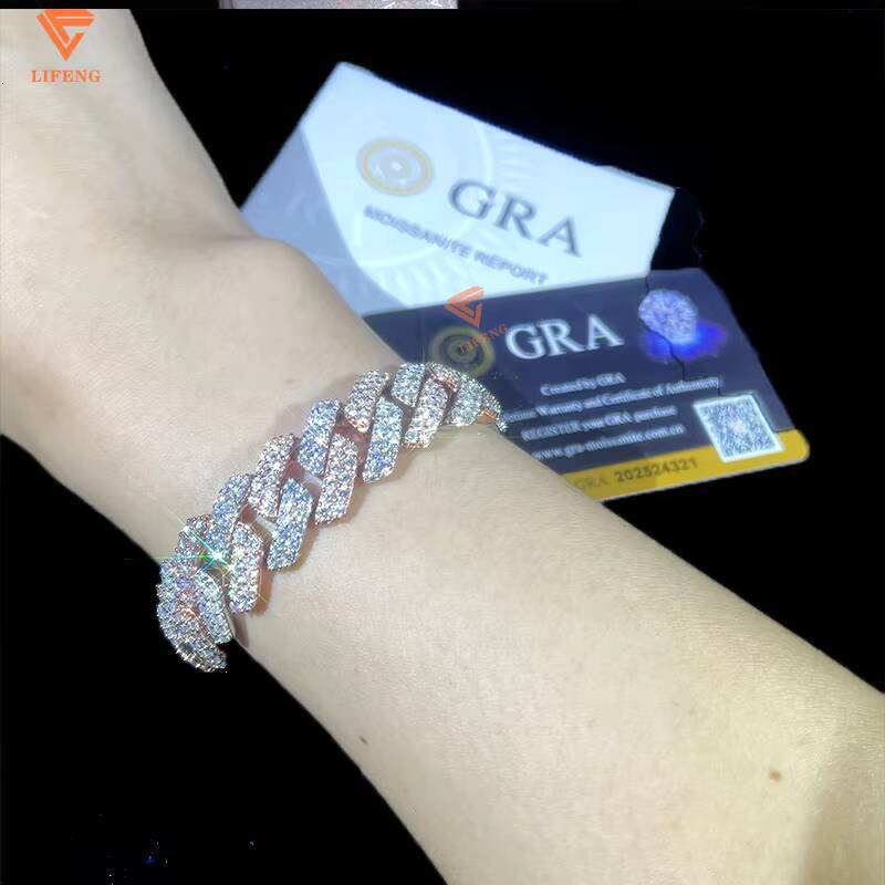 Two Tones Silver Rose Gold 14mm Moissanite Cuban Link Bracelet Hip Hop 925 Silver Bold and Durable Men Women Chain