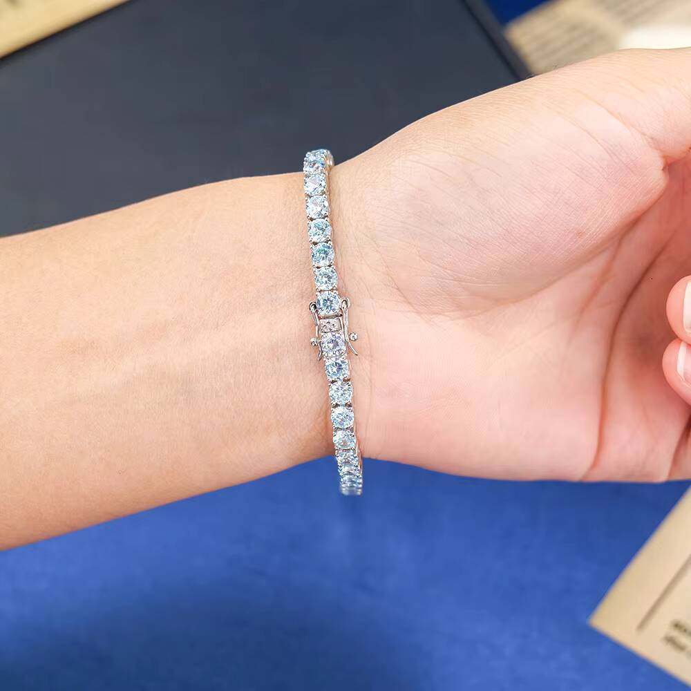 Luxury Iced Out Sea Blue Moissanite Tennis Chain Bracelet 925 Sterling Silver Hip Hop Aquamarine Cubic Moissanite Jewelry
