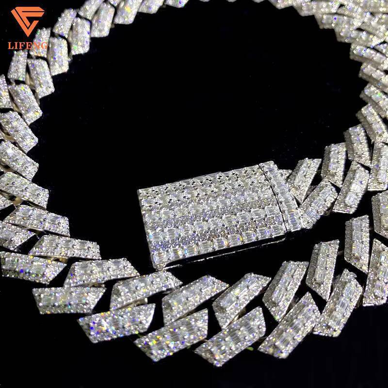 Custom Luxury 18mm Baguette Cut VVS Moissanite Necklace Solid 925 Silver Cuban Link Chain for Men Hip Hop Style Fine Jewelry