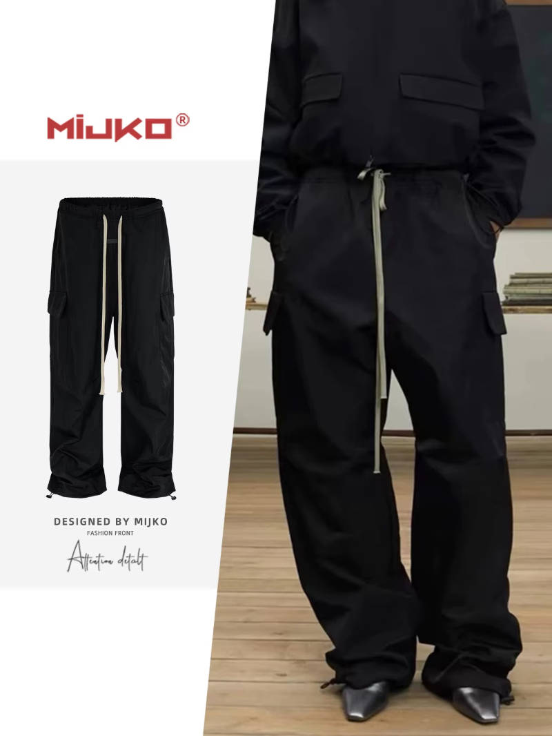 MIJKO High Street Black Pants Straight Leg Casual Trousers with Drawstring Comfortable Streetwear