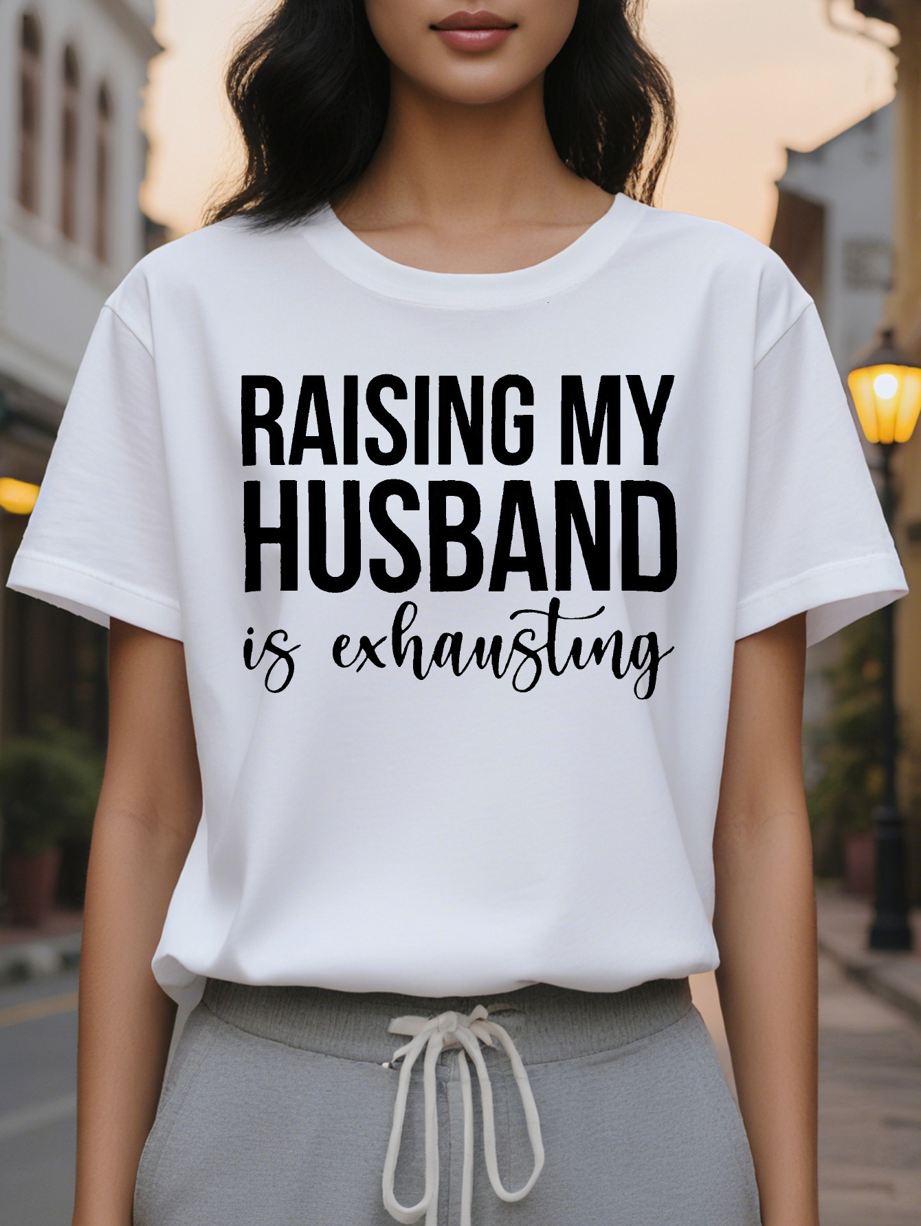 Large XL Women's Raising My Husband Is Exhausting Graphic T-Shirt Soft Stretchy Summer Tee with Bold Text Print Round Neck Plus Size