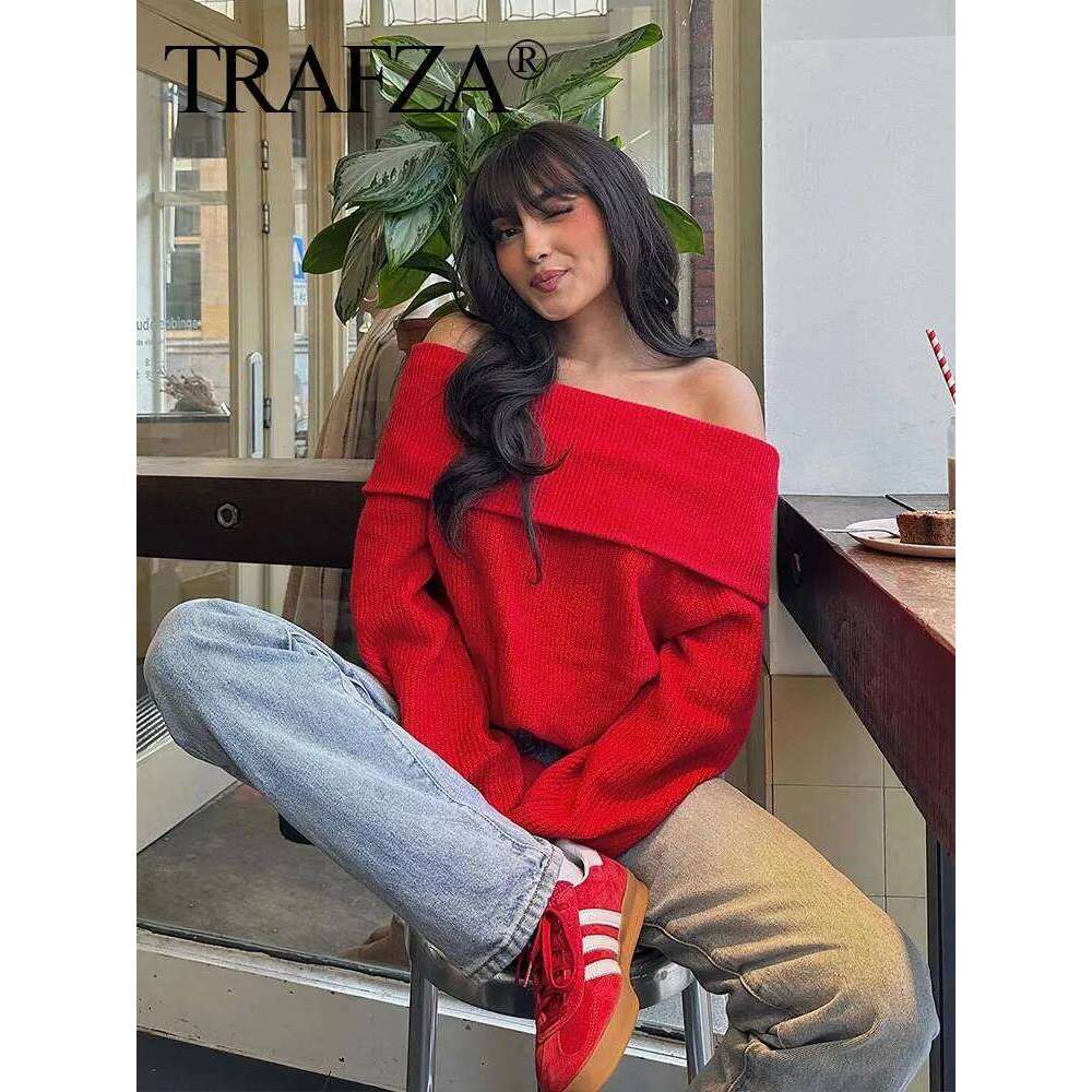 TRAFZA Women Fashion Solid Off Shoulder Long Sleeve Knitted Pullover Sweater Autumn Female Casual Knitwear Chic Top