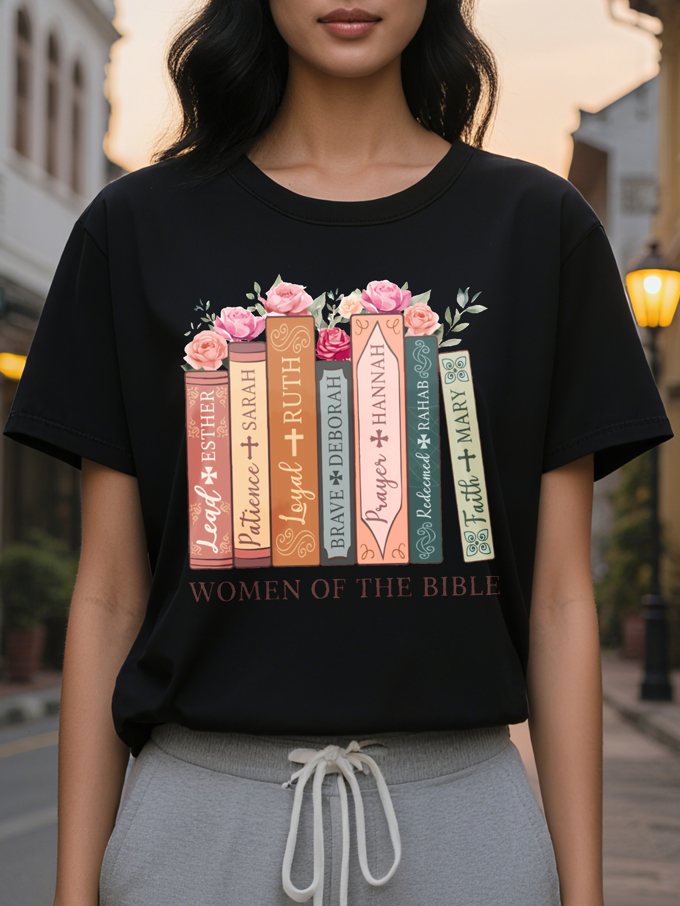 Large XL Pink Cotton Women's Inspirational Women of the Bible Floral Graphic Tee Casual Round Neck Short Sleeve T-Shirt with Book Plus Size