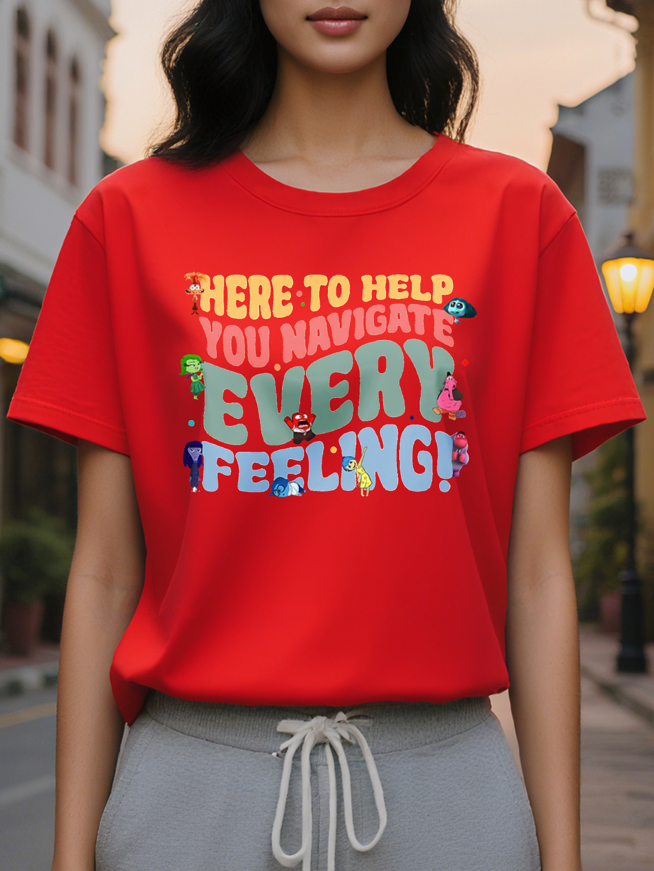 HERE TO HELP American Print Pattern Spring and Summer New Fashion Round Neck T-shirt Slim Fit Slimming Women's