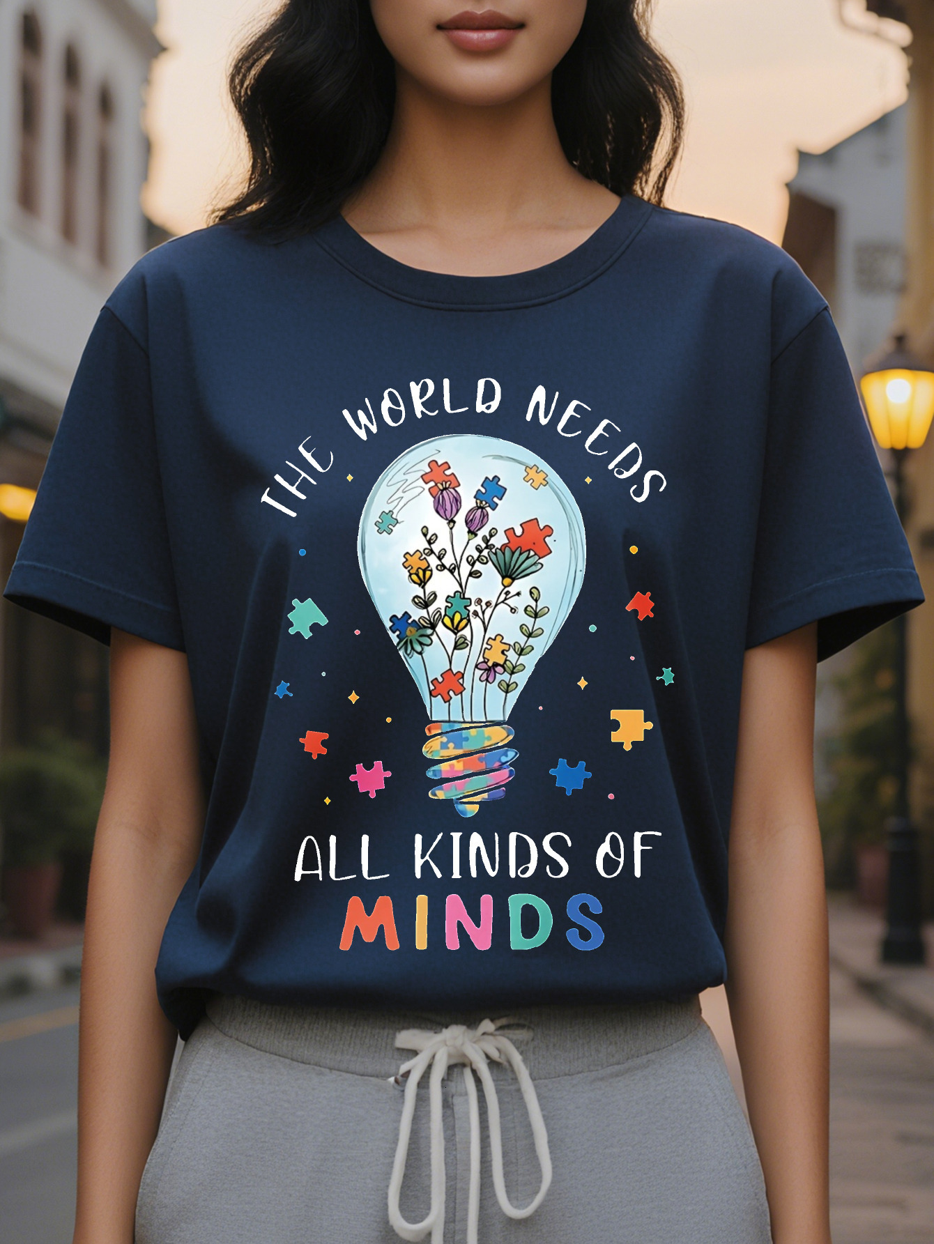 Large XL Women's Autism Awareness Neurodiversity Graphic Print T-Shirt The World Needs All Kinds of Minds Light Bulb Floral Plus Size
