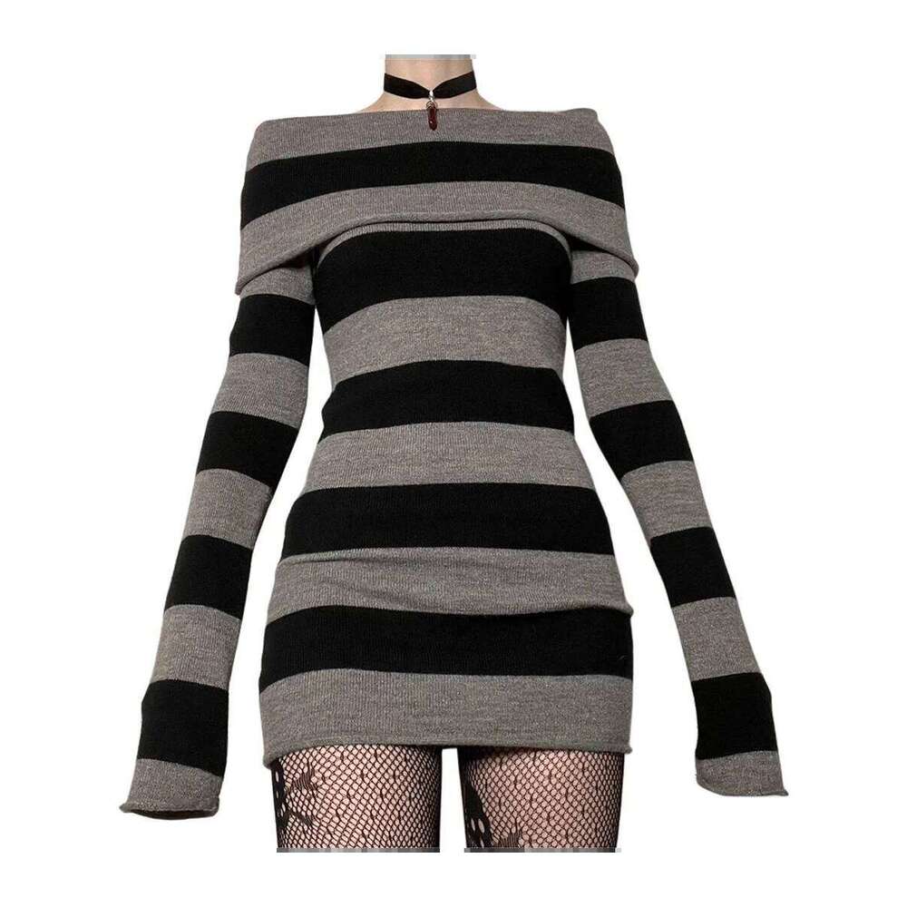 Women Y2k Knit Mini Striped Long Sleeve Off Shoulder Bodycon Short Sweater Dress Trendy Night Club Streetwear
