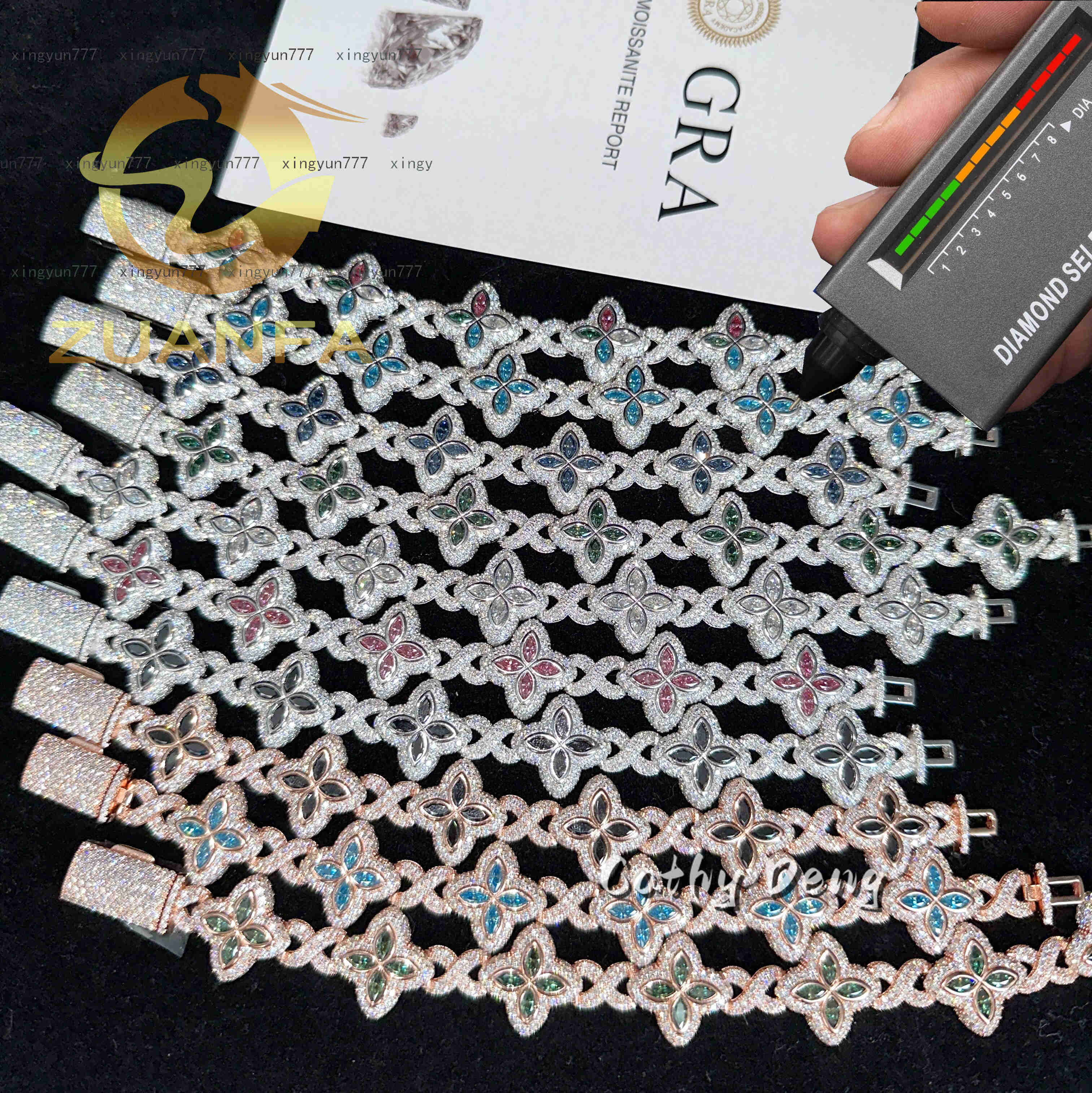 Hip Hop Jewelry Iced Out Men Cuban Bracelet 925Silver Moissanite Bracelet Men Pass Diamond Tester Flower Cuban Link 11color