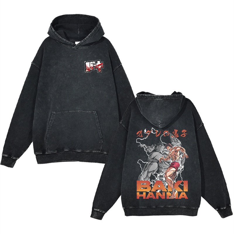440g Heavyweight Cotton Pre-Washed Distressed Finish Baki Hanma Anime Street Retro Hoodie - TT8306