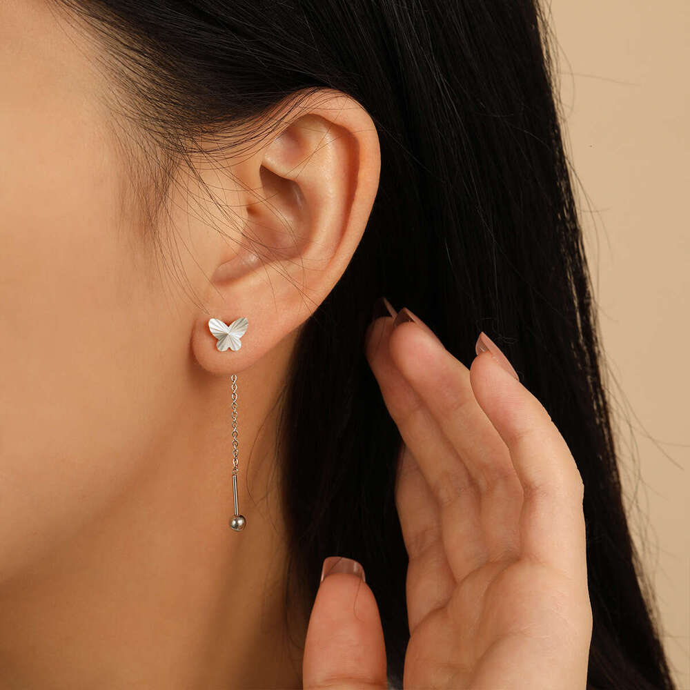 Korean Style Niche Design New High-end Laser Butterfly Threader Earrings for Women Fashionable Personality Versatile Titanium Steel Ear Jewelry
