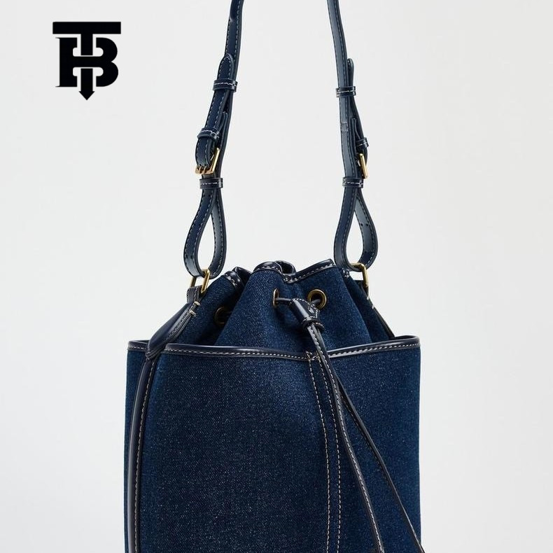 TB BHULAMTE Z Brand Cross-border Bucket Bag 2025 Autumn Winter New Denim Patchwork PU Shoulder Bag Foreign Trade High Designer S Bag Capacity Bag