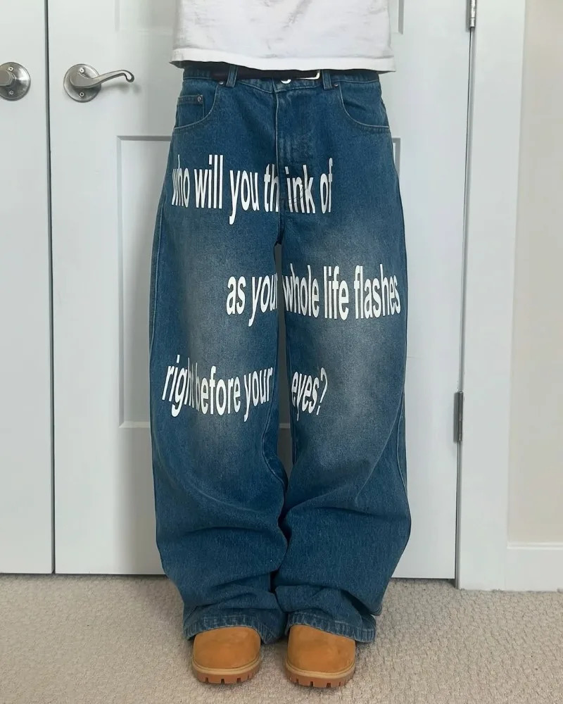 Y2K men Jeans Harajuku Pattern letter jeans Hip Hop streetwear women 2000s gothic fashion Casual aesthetic wide leg 250823