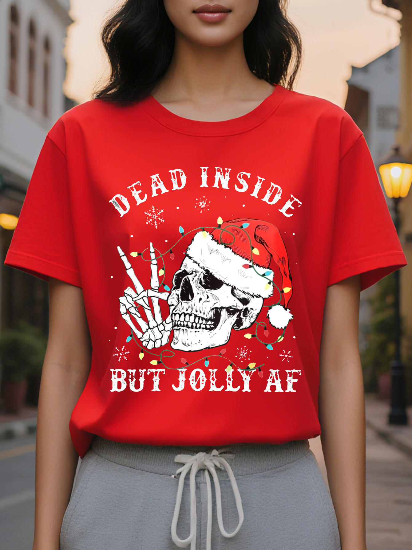 Large XL Women's Christmas Skull Print Crew Neck T-Shirt Soft Micro Elasticity Cotton Fabric Regular Length Hand Washable Plus Size