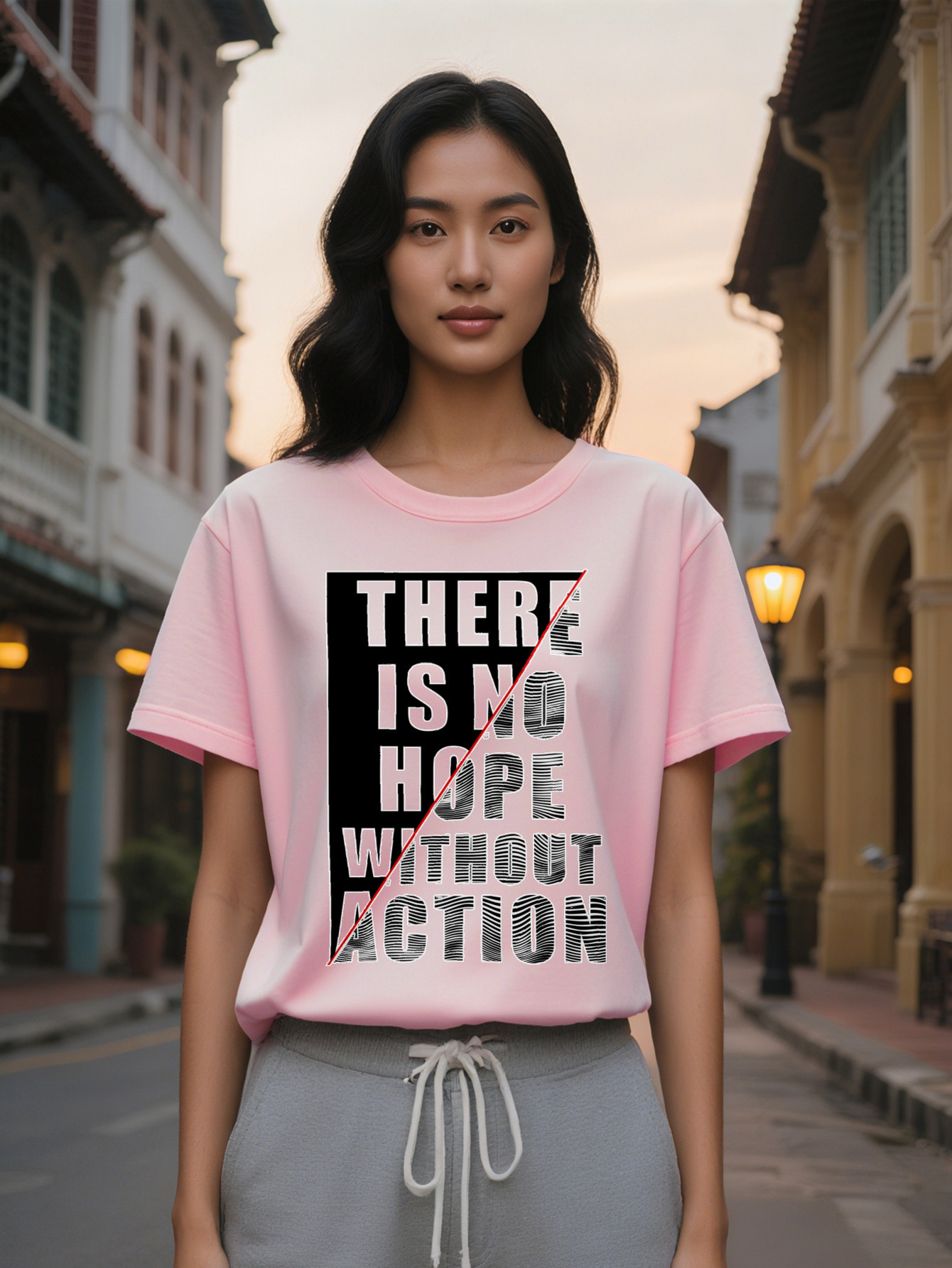 Large XL Casual Graphic T-Shirt with No Hope Without Action Motivational Print Black White Bold Lettering Round Neck Regular Plus Size