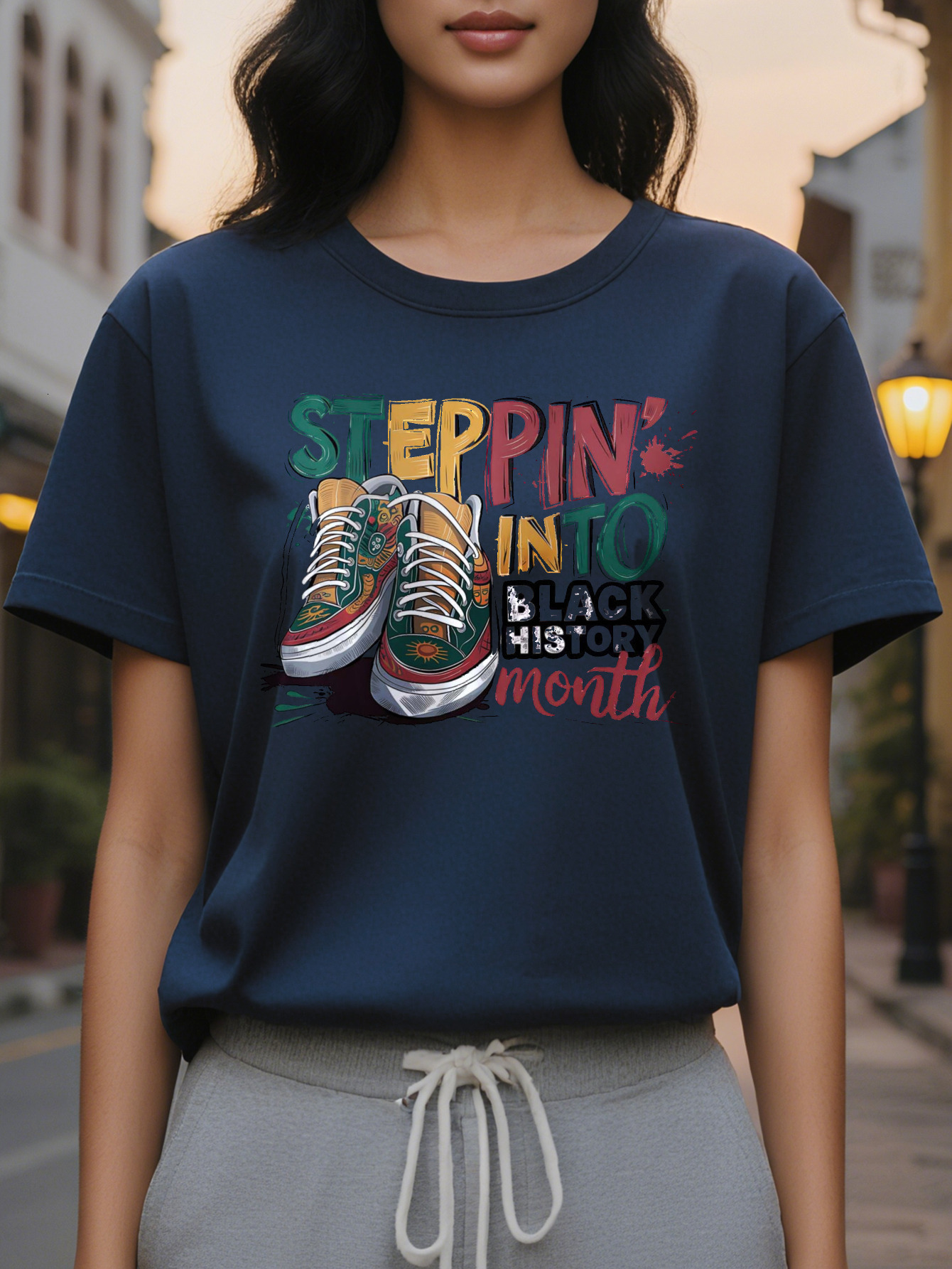 Ladies elegant round neck black history month pattern T-shirt, knitted fabric, short sleeve, casual top suitable for