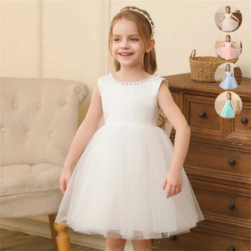 Toddler Girl Flower Birthday Tulle Pearl Dress Backless Bow Wedding Gown Baby Girl Bowknot Dresses Kid Party Wear Princess Dress Z250904