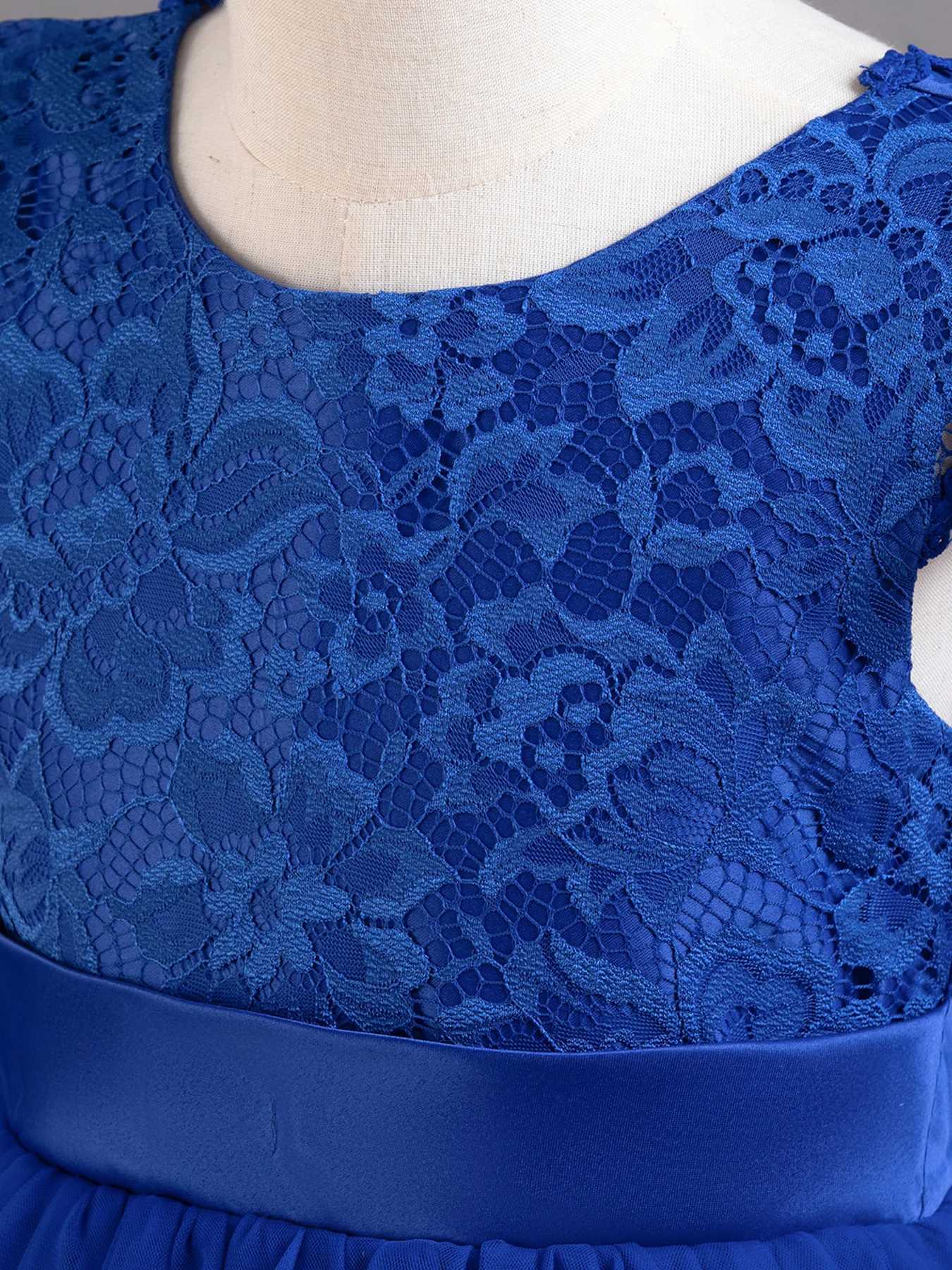 Blue colored lace child princess dress little girl runway piano performance dress with flower boy big bow long dress Z250904