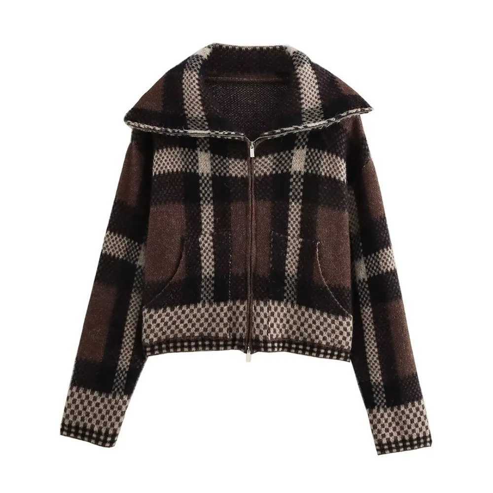 autumn and winter womens new fashion leisure slim and versatile plaid pocket zipper sweater coat M250904