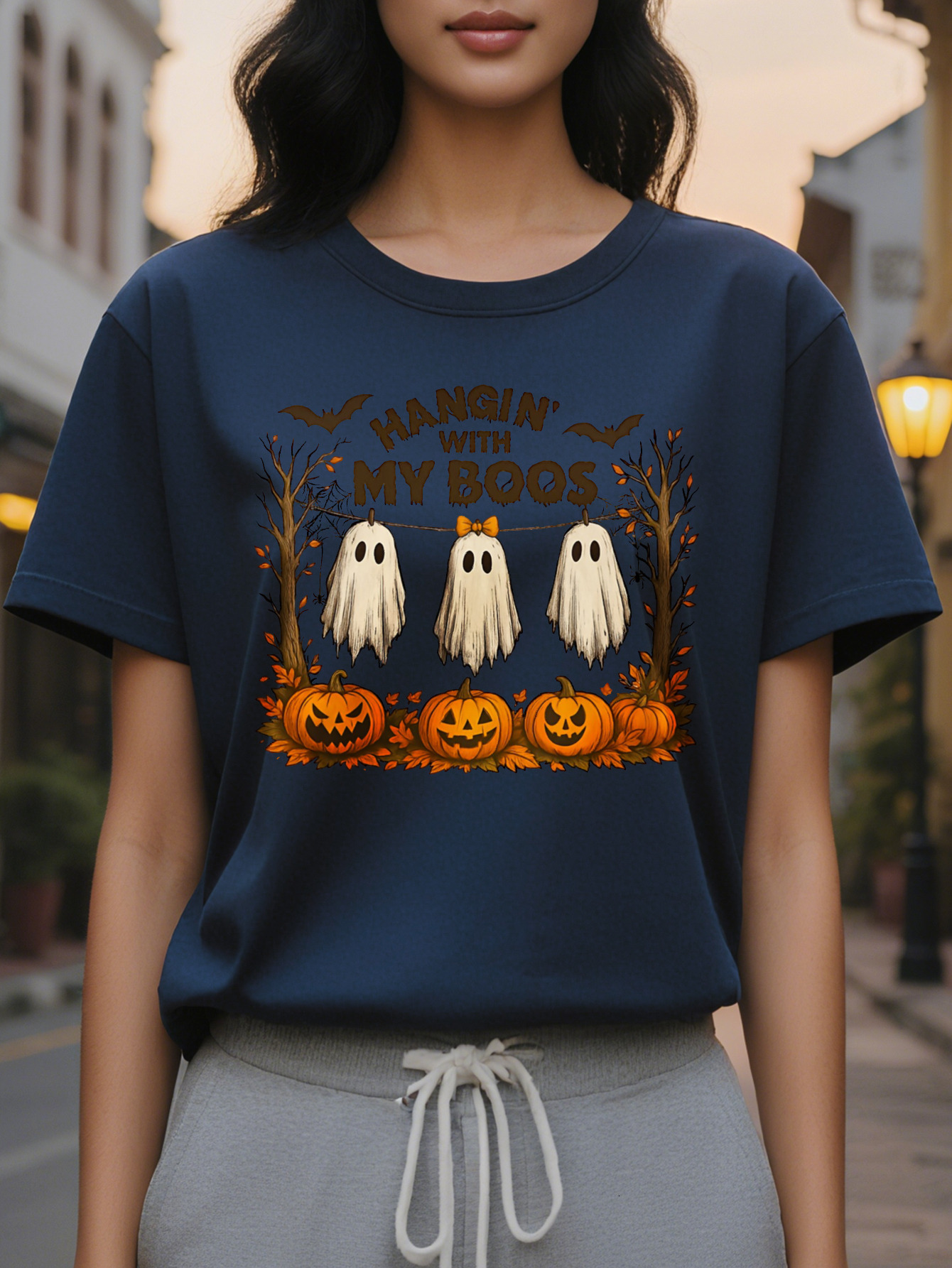 Women s Beige Spooky Ghosts Jack O Lanterns Round Neck Pullover Cozy Fall Parties Casual Attire hine Washable