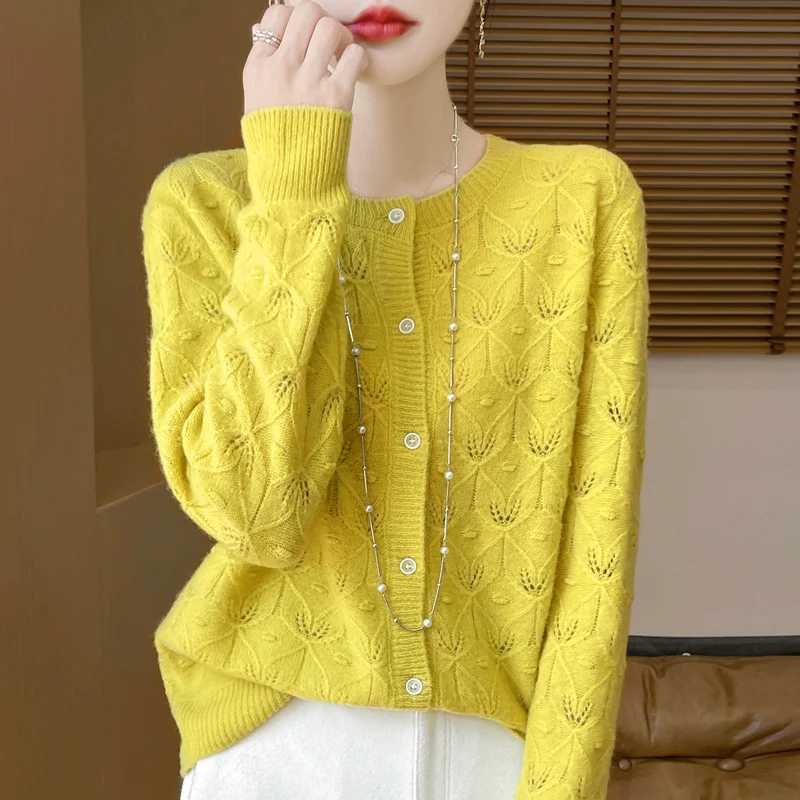 Autumn And Winter New Round Neck Hollowed Out 100 Wool Knitted Cardigan Womens Versatile Coat Loose Casual Sweater DMR281 M250904