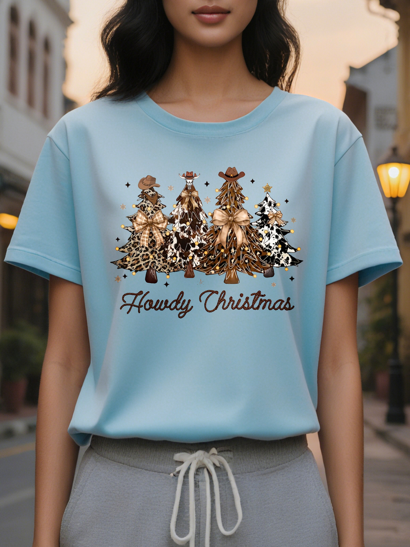 Women S Beige Crewneck Pullover with Western Cowboy Tree Design Holiday Sweatshirt for Xmas Parties and Family Gatherings