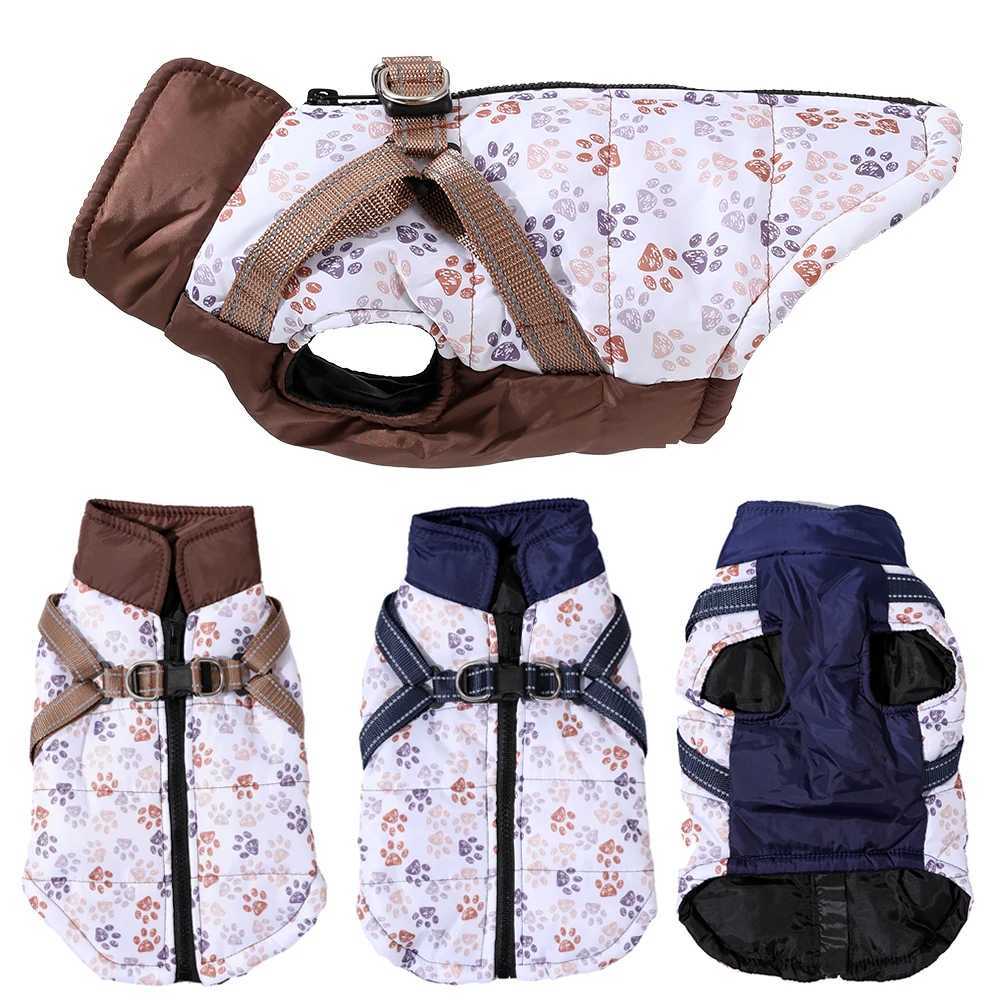Dog Clothes with Harness for Small Medium Dogs Cats Autumn Winter Warm Reflective Puppy Vest et Paw Printed Pet Coat Outfits W250904