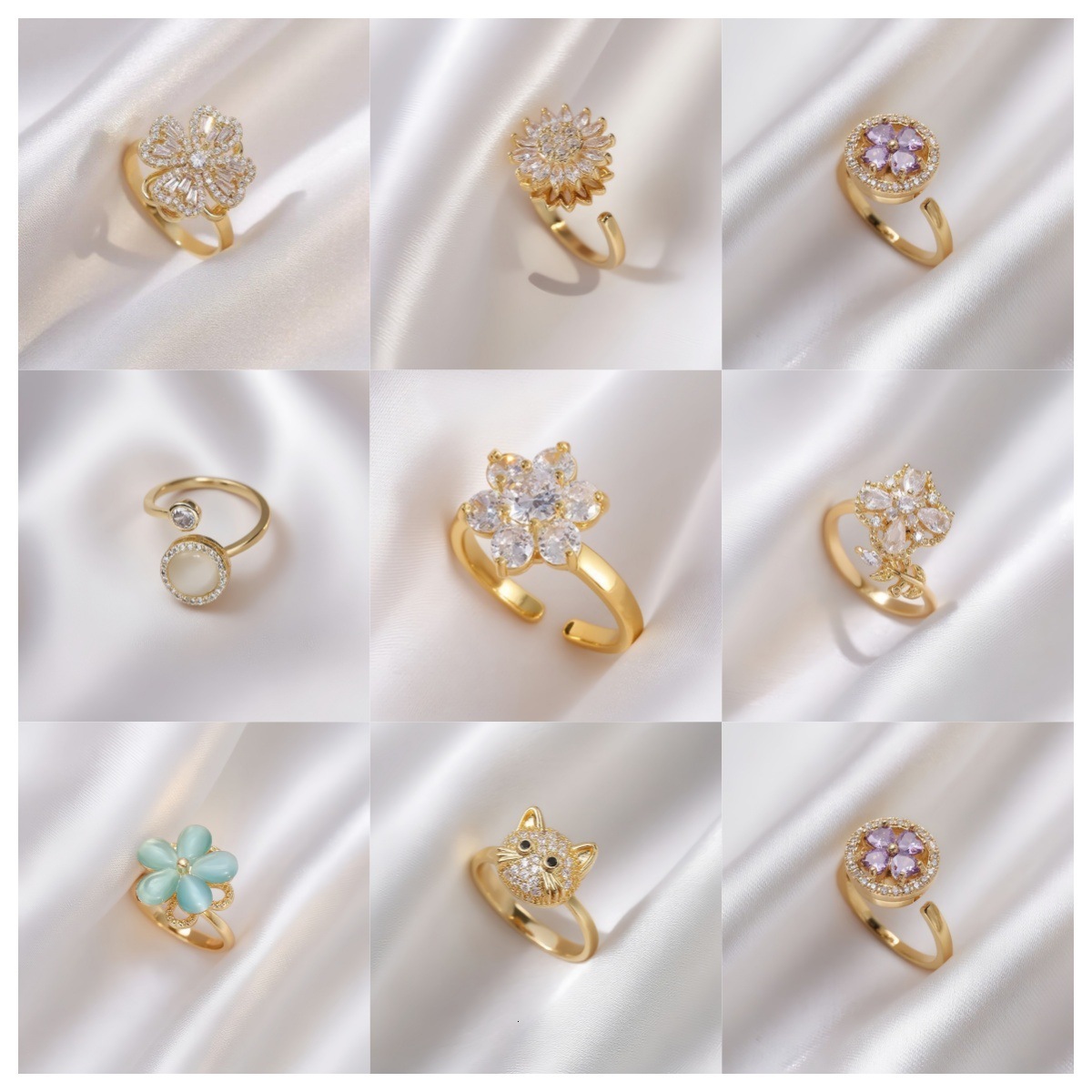 Cross Border Hot Selling Copper Inlaid Zircon Designer Luxurious Free Shipping Four Leaf Clover Women's Ring All Diamond Sunflower Open Ring