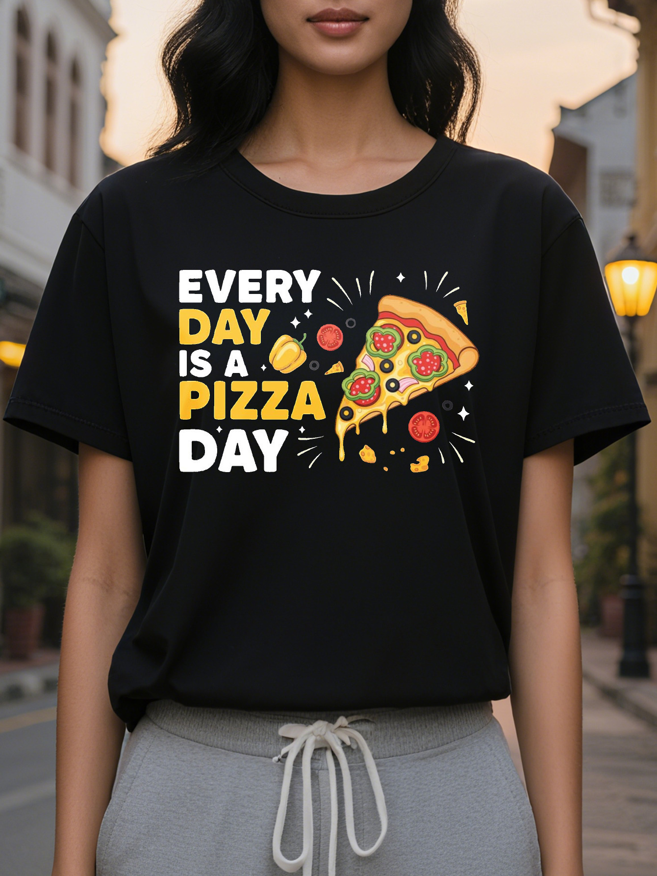 Women's Black Lover Pattern Funny is Day Sayings Soft Everyday Casual T-Shirt Pizza Parties and