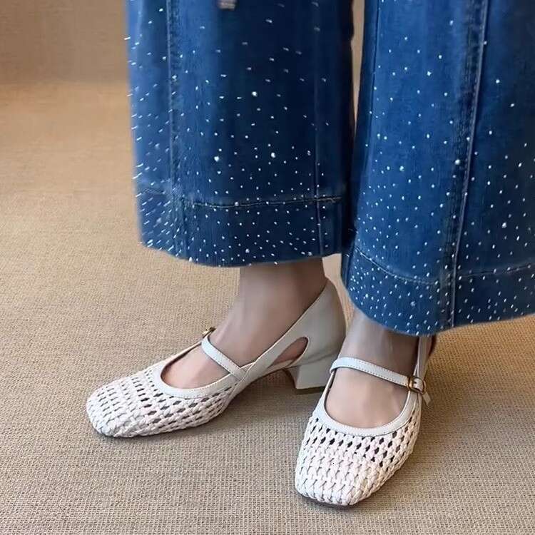 New Chunky Designer Shoe Heel Sandals for Women Woven Hollow Strap Squ Toe Genuine Leather Fashionable Single Shoes