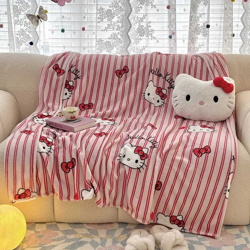 Sanrio Hello Kitty Plush Soft Sofa Blanket Printed Doublesided Milk Velvet Singlelayer Flannel Shawl Blanket Air Conditioning Blanket L250904