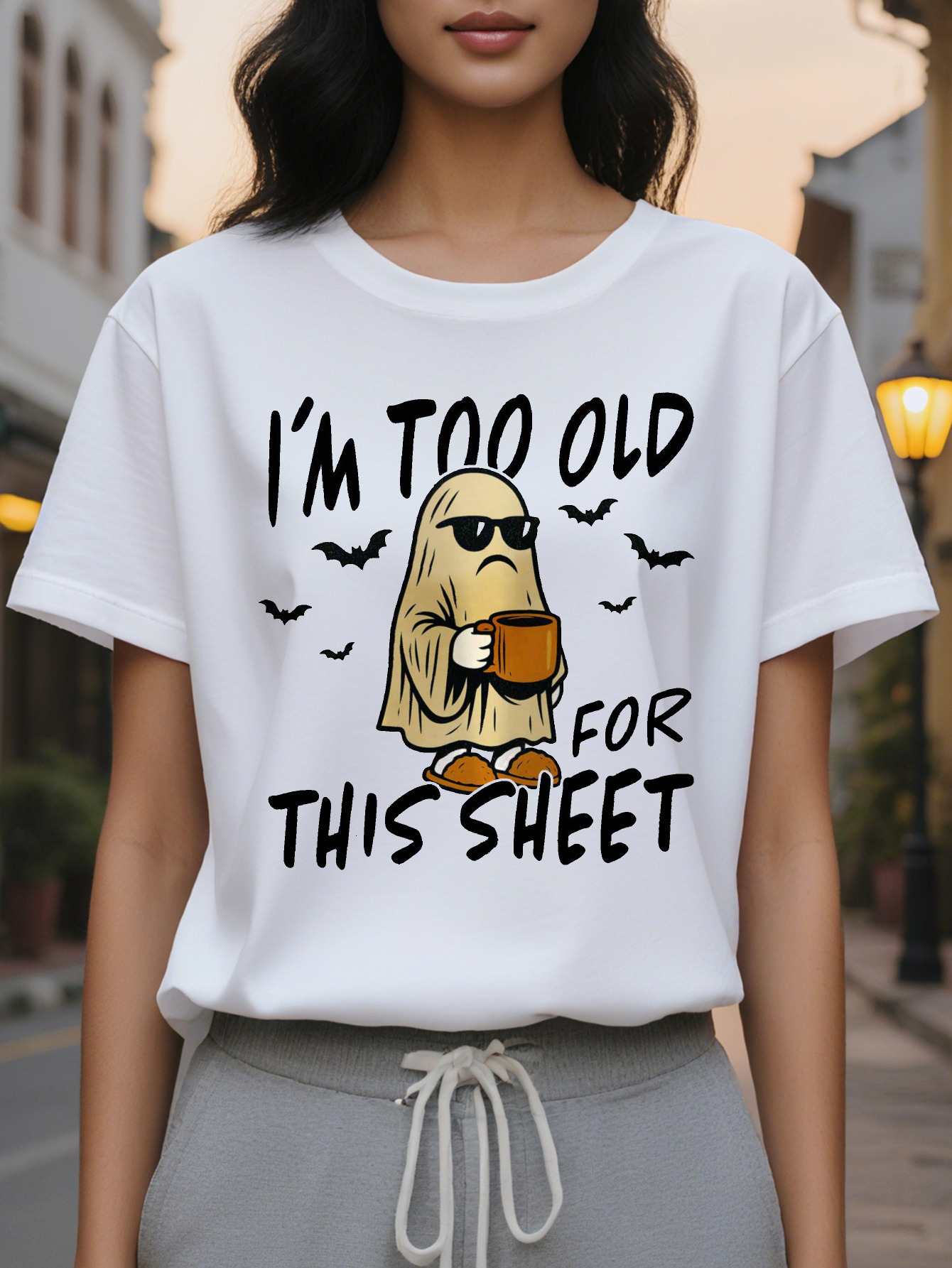 Women s I m Too Old to Fit This Sheet Pattern T Shirt White Crewneck Mystery Character Design Casual Daily and Party