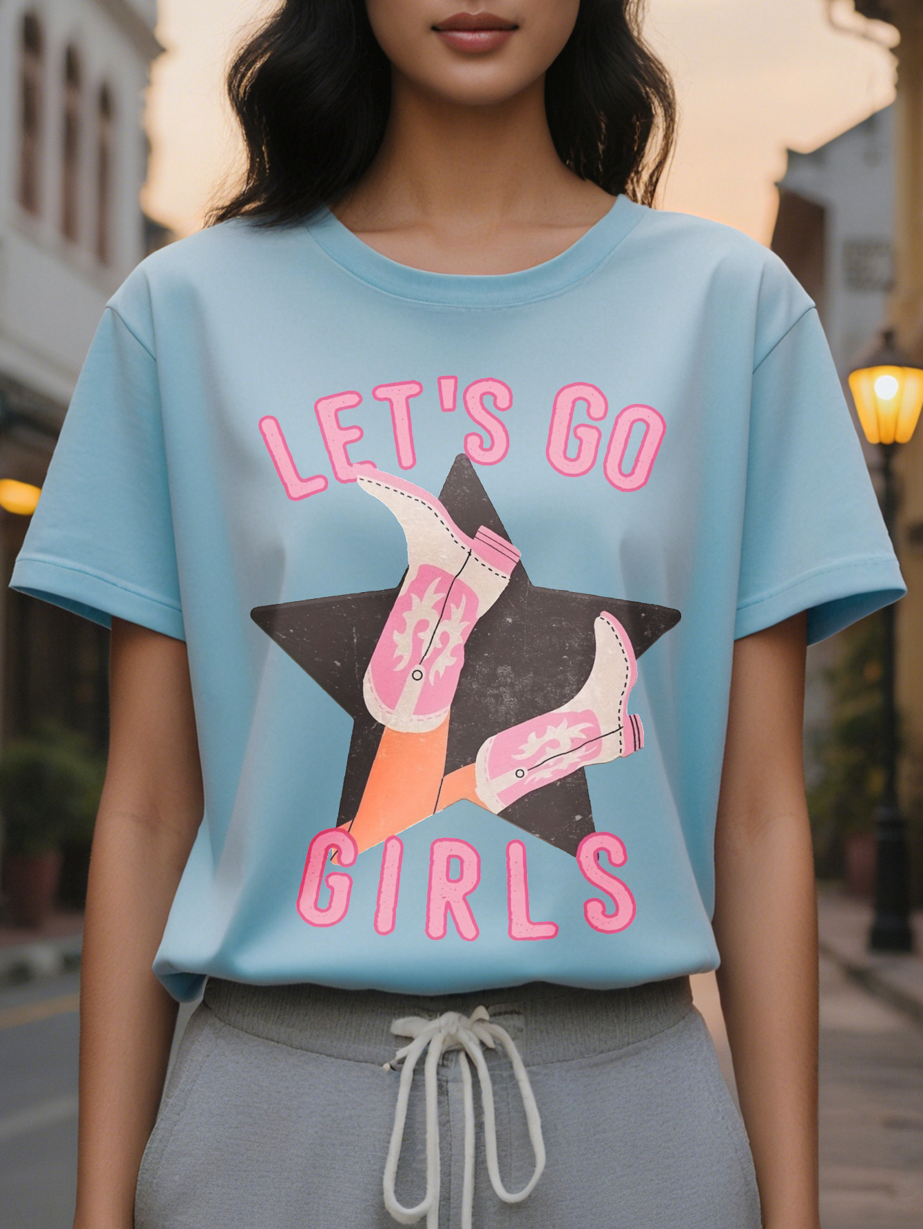 Vibrant Star Letter Print Crew Neck T-Shirt Soft Micro Elastic Cotton Fabric Short Sleeve Top Spring Summer Hand