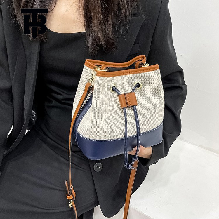 TB BHULAMTE Women's Bag Foreign Trade New Canvas Color-Block Handbag Bucket Bag Street Fashion Textured Drawstring Single Shoulder Designer s bag