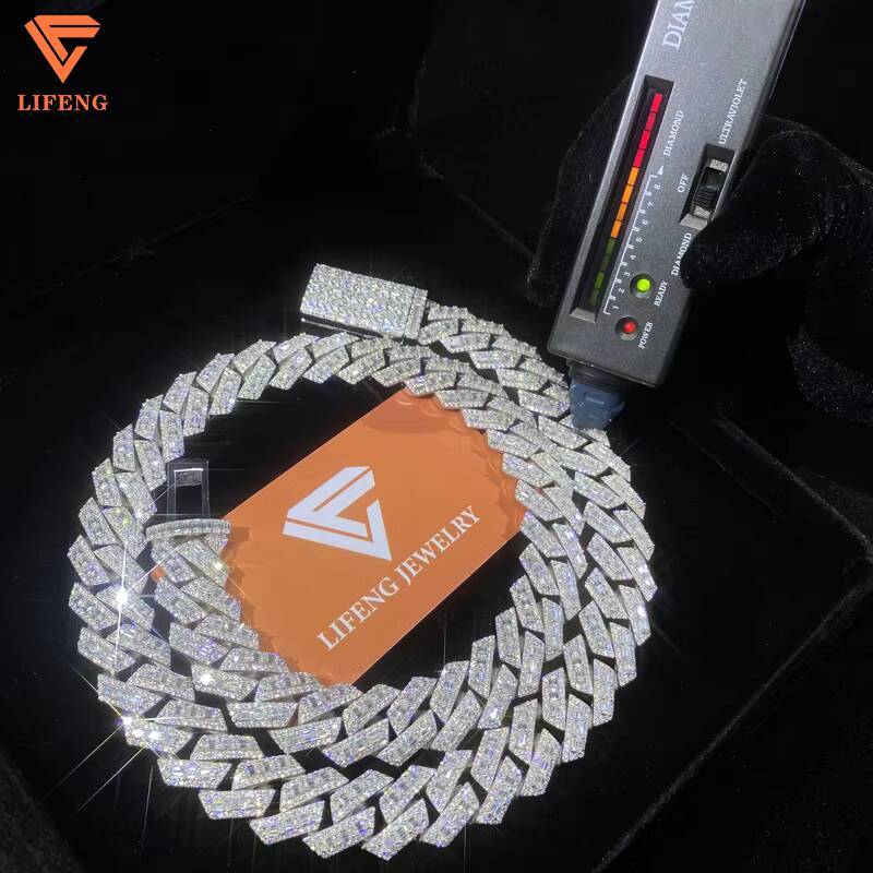 Lifeng Jewelry 18mm Baguette Cut VVS Moissanite Necklace Miami Cuban Link Chain Iced Hiphop 925 Silver Diamond Moissanite Chain