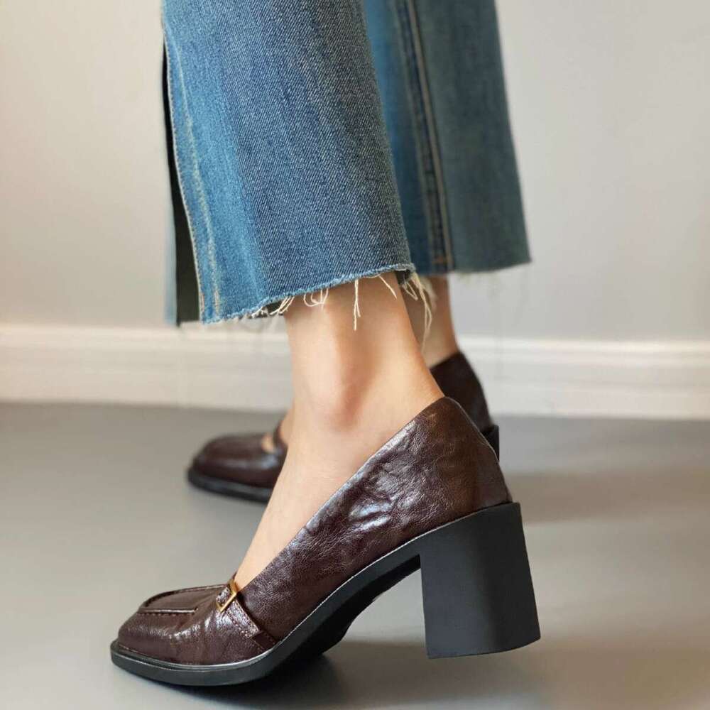 Silent Designer Shoe Small Leather for Women, Brown High Heels, 2025 New Commuter Style Chunky Heel Single Shoes