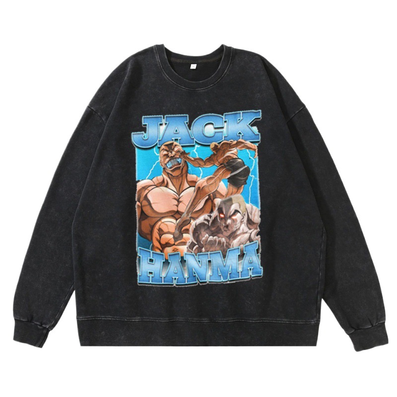 360g Heavyweight Pre-Washed Distressed Jack Hanma Anime-Inspired American Vintage Crewneck Cotton Sweatshirt - TT8343