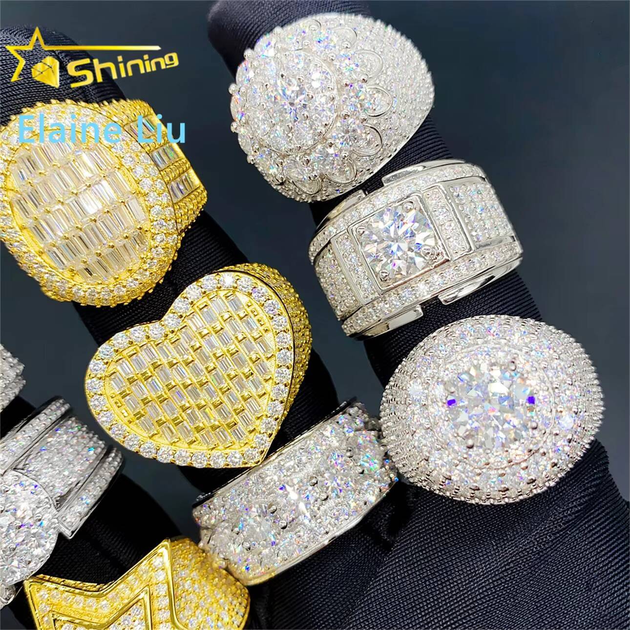 Fine Jewelry 925 Sterling Silver Ice Out Men Rings Heart Shape VVS Moissanite Diamond Hip Hop Ring