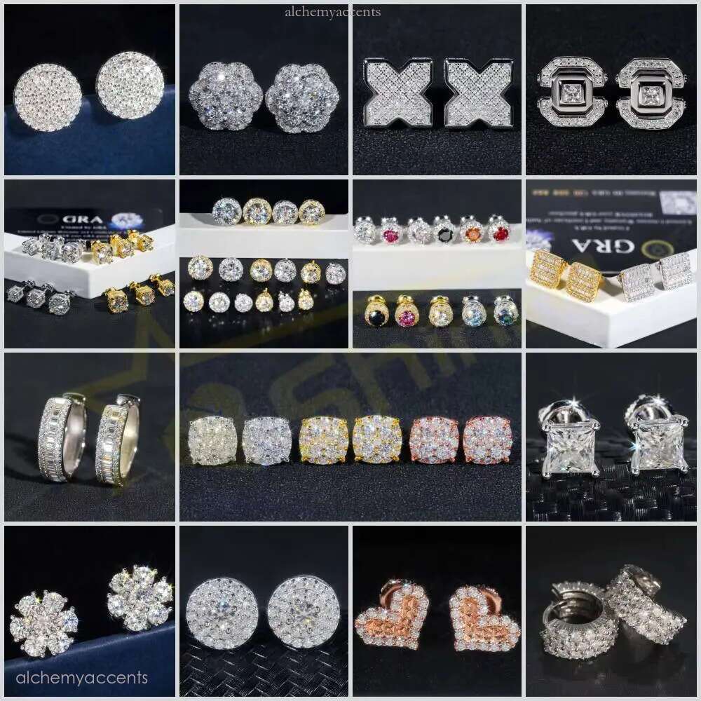 Ready to Ship Hip Hop Style Tester Certified Sier Gold Plated VVS Dia Moissanite Stud Earrings Round