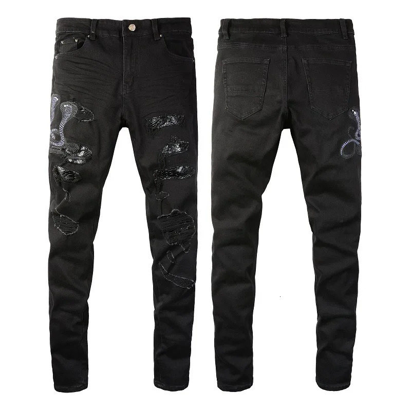Men Snake Embroidery Jeans Skinny Tapered Stretch Denim Pants Streetwear Holes Ripped Leather Patch Patchwork Trousers Black 250823Z