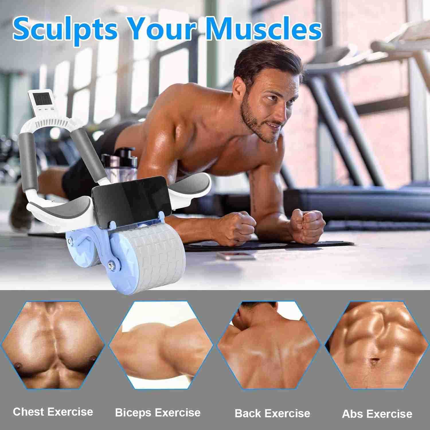 2025 New Ab Roller Wheel with Knee Mat Timer Automatic Rebound Abdominal Wheel Ab Abdominal Exercise Roller with Elbow Support Abs Workout Equipment A