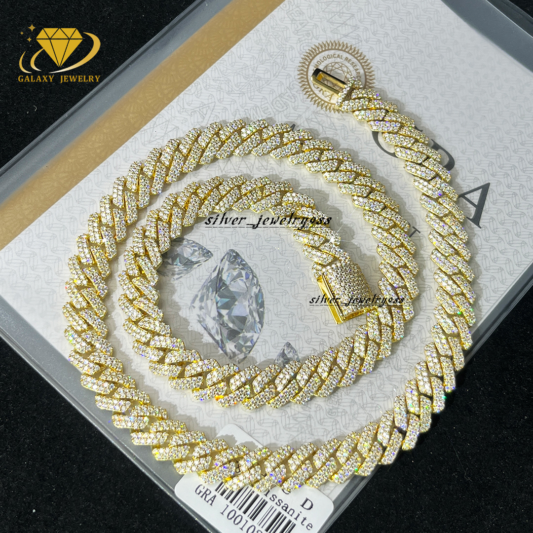 Hip Hop Jewelry 12mm Diamond Prong Moissanite Cuban Chain Yellow Gold Cuban Link Chain Necklace Bracelet for Men and Women